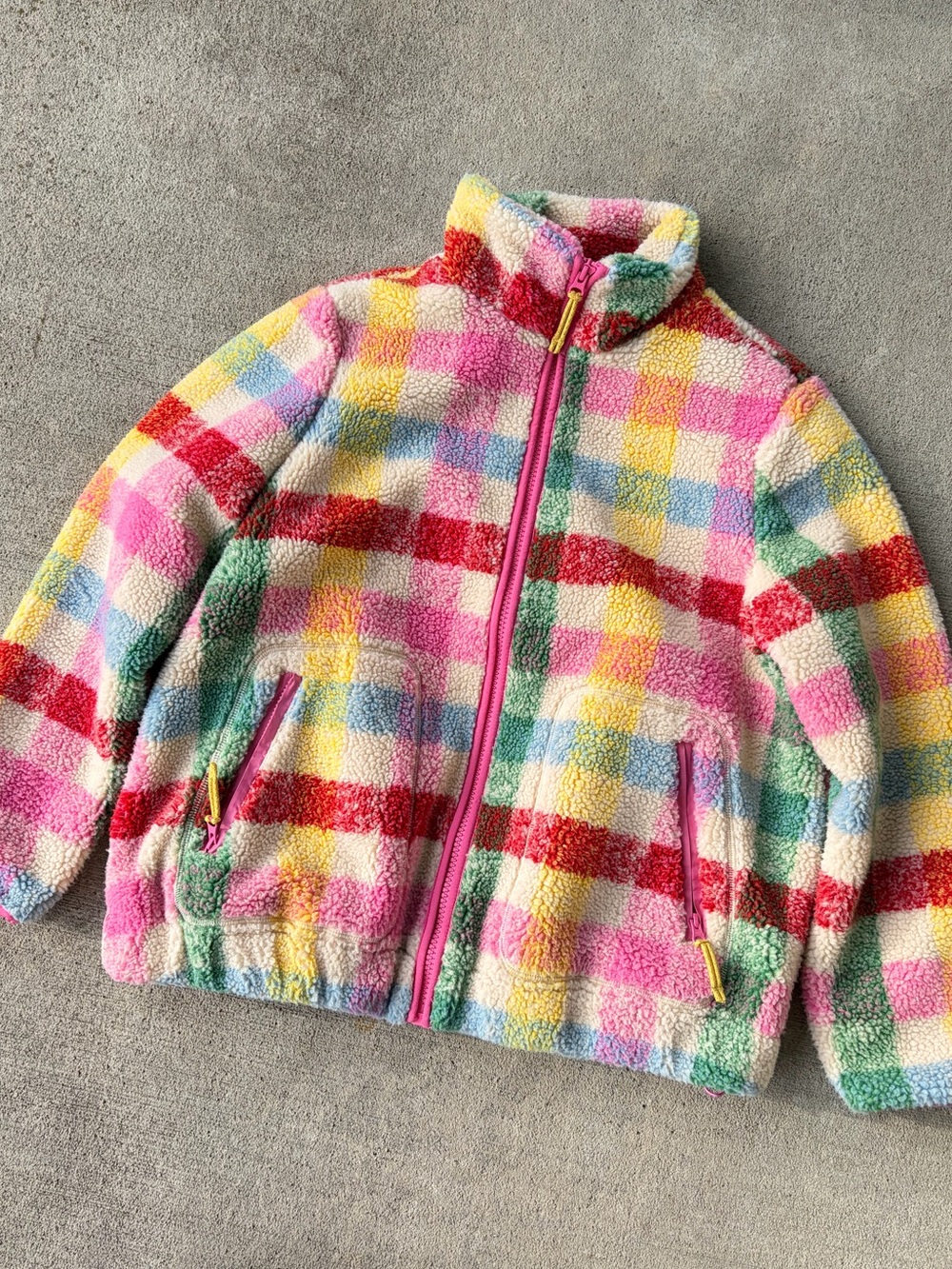 Boden checkered multi color plaid Sherpa fleece jacket teddy coat rainbow